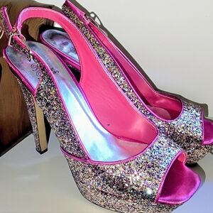 Pink Bella Y2K Barbiecore Multi-Color Glitter Platform Peep Toe Heels Size 9